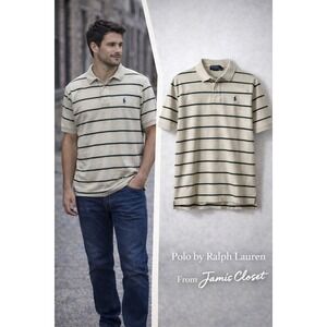 Polo by Ralph Lauren Men's Beige and Dark Green Striped Polo 100% Cotton